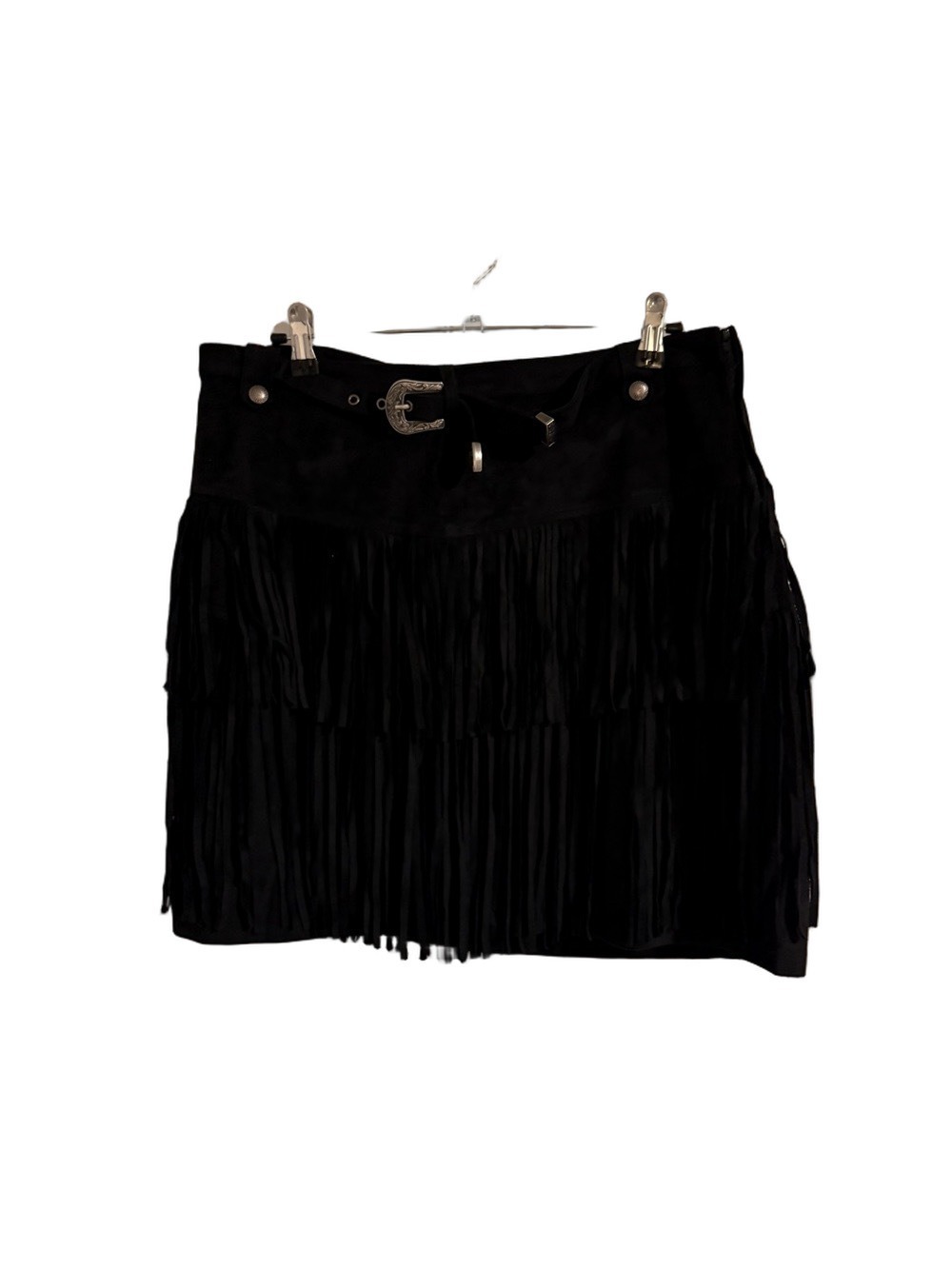 Rock & Roll Denim Black Fringe Mini Skirt Western Cowgirl Concert XL